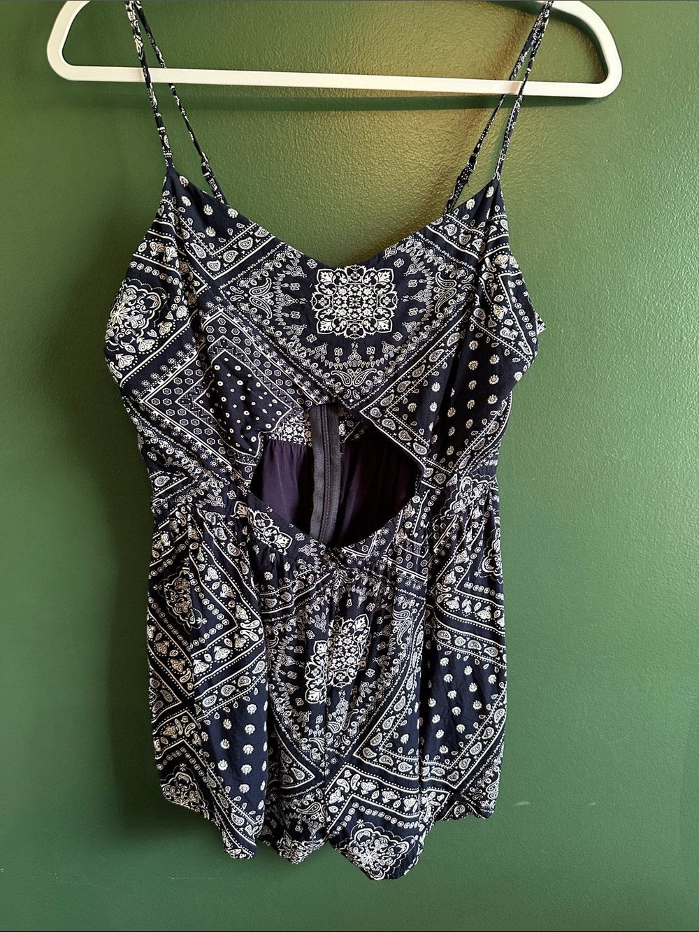 Navy and White Bandana Print Spaghetti Strap Romper with Front Cutout Size L